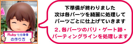2.各パーツのバリ・ゲート跡・パーティングラインを処理します